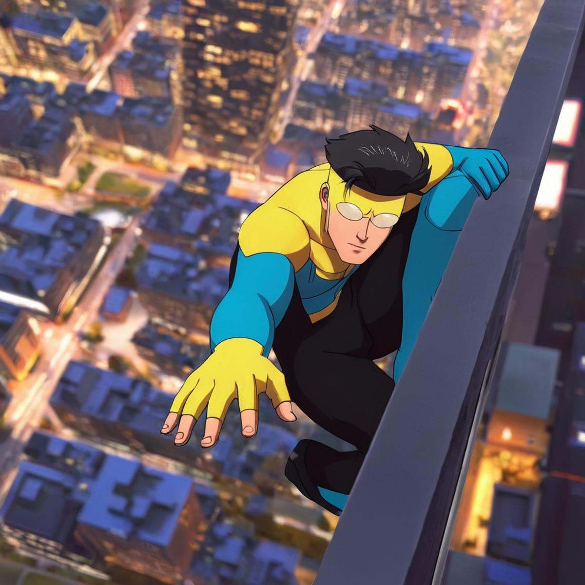 cinematic film still of detailed perfect From above,  Invincible a cartoon character is hanging from a ledge with his hand...