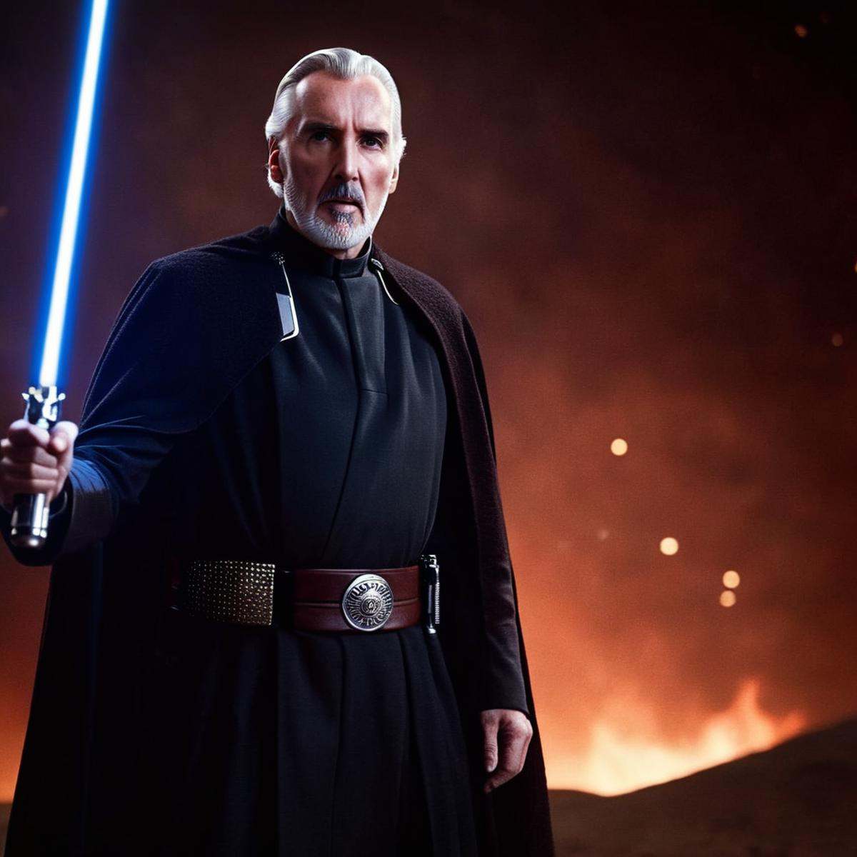 cinematic film still of Count Dooku Darth Tyranus a man in a star wars outfit holding a lightsaber in star wars universe,...