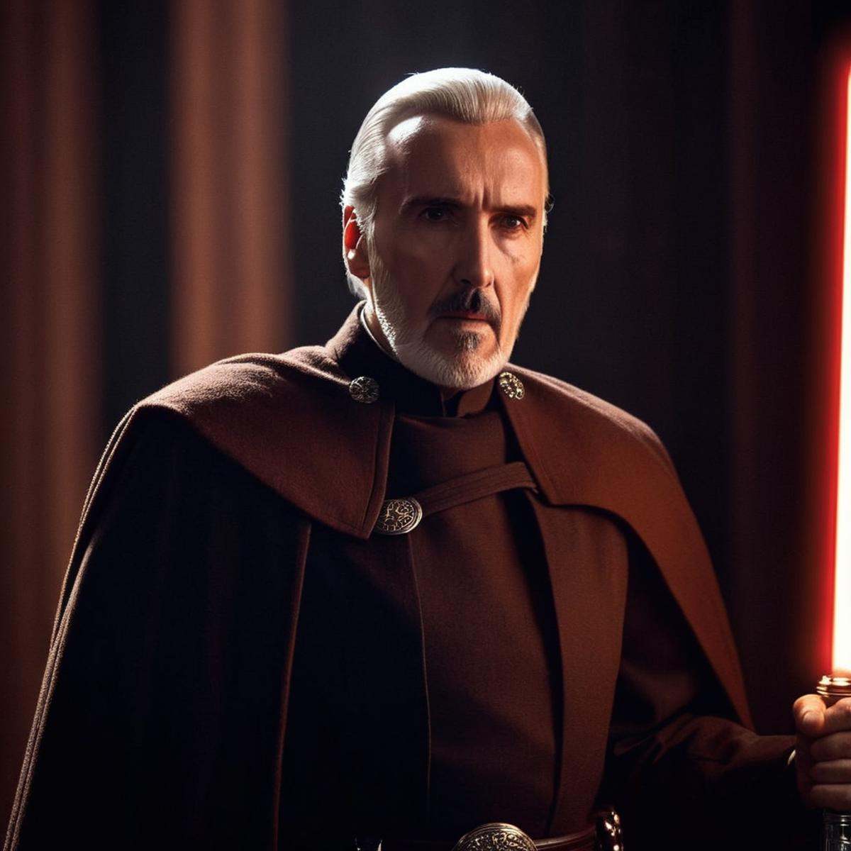 cinematic film still of Count Dooku Darth Tyranus a man with a sword in a dark room in star wars universe,  shallow depth...