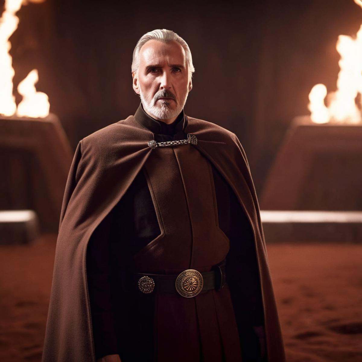 cinematic film still of Count Dooku Darth Tyranus a man with a beard and a star wars outfit in star wars universe,  shallo...