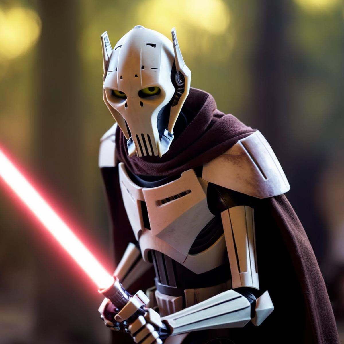 cinematic film still of General Grievous a cartoon character with a light saber in his hand in star wars universe,  shallo...
