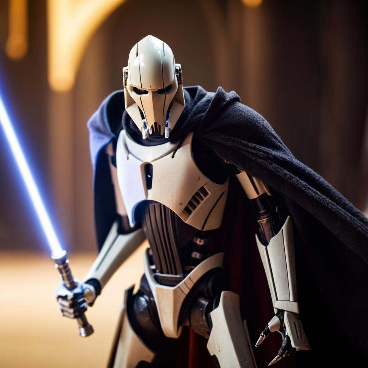 cinematic film still of General Grievous a Cyborg in a cape with a light saber in star wars universe,  shallow depth of fi...