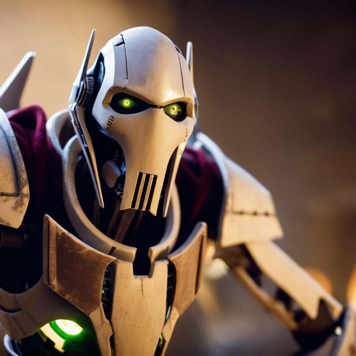cinematic film still of General Grievous a Cyborg with a large metal body and a face in star wars universe,  shallow depth...