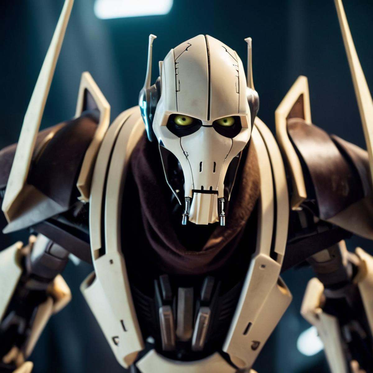 cinematic film still of General Grievous a Cyborg with a metal face and body and creepy eyes in star wars universe,  shall...