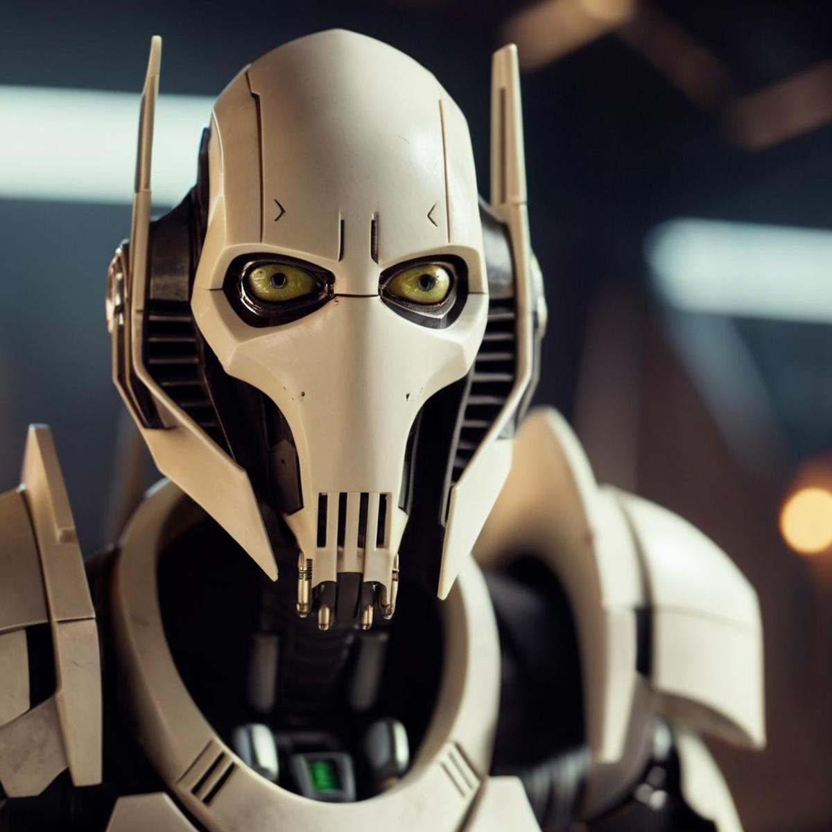 cinematic film still of General Grievous a close up of a Cyborg with a creepy face and creepy eyes in star wars universe,...