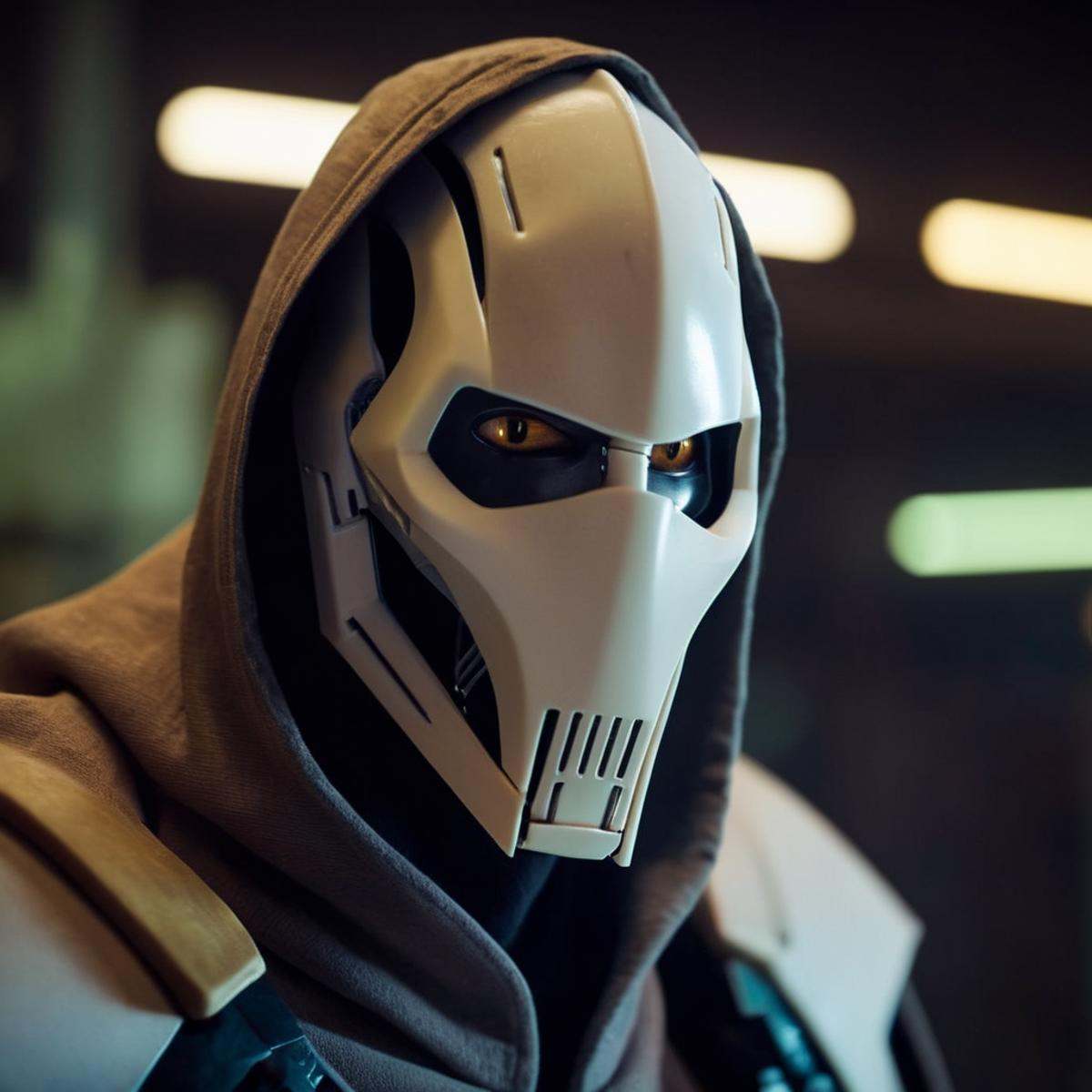 cinematic film still of General Grievous a Cyborg in a hooded jacket and a hoodie in star wars universe,  shallow depth of...