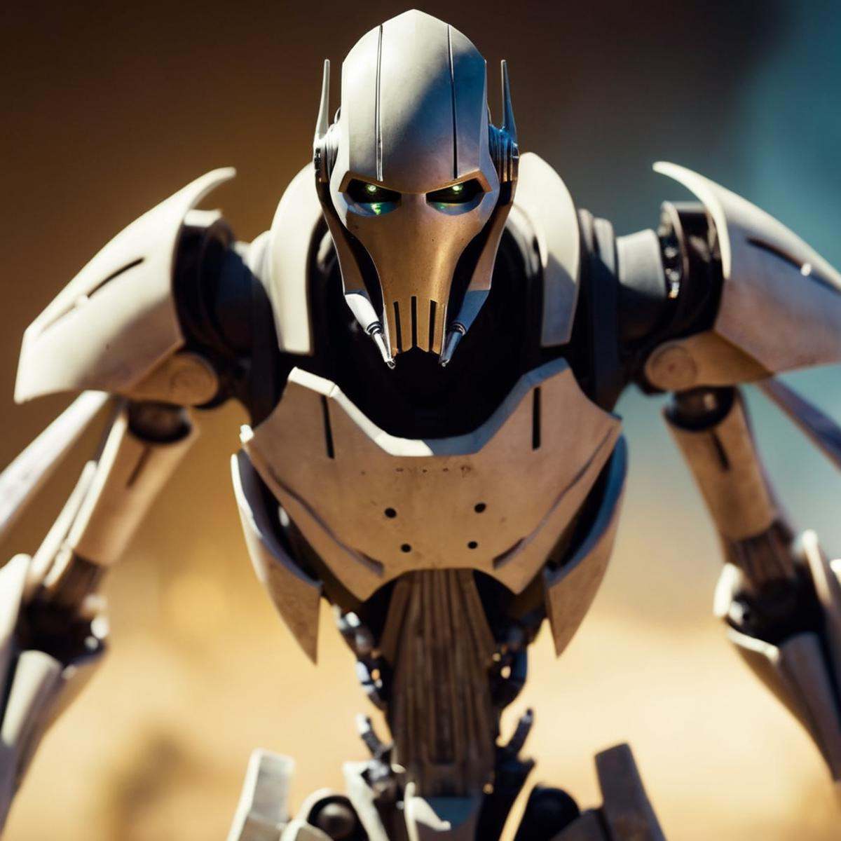 cinematic film still of General Grievous a Cyborg with a large metal body and a face in star wars universe,  shallow depth...