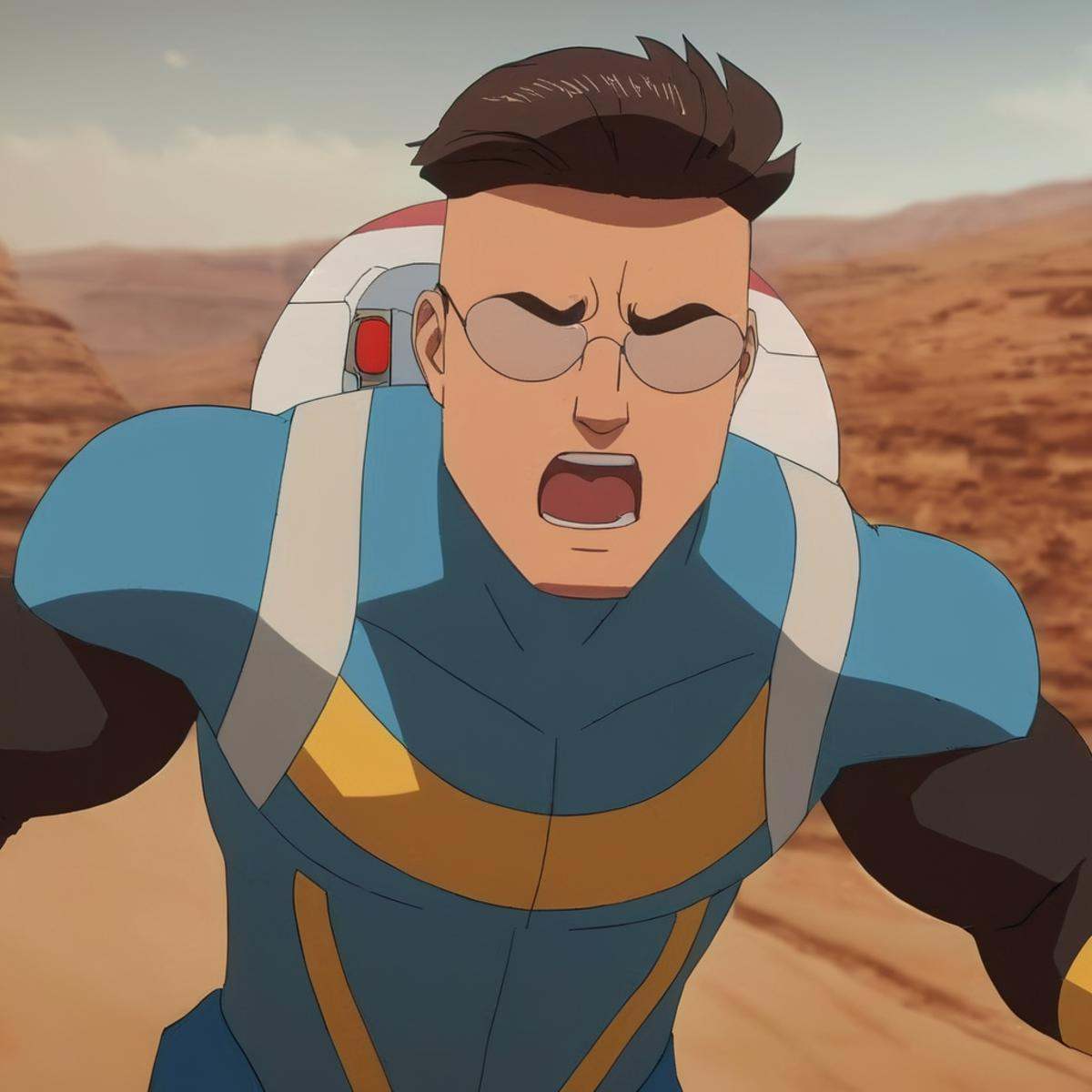 cinematic film still of detailed perfect Invincible wearing an Oxygen Mask a cartoon character is flying through the air,...