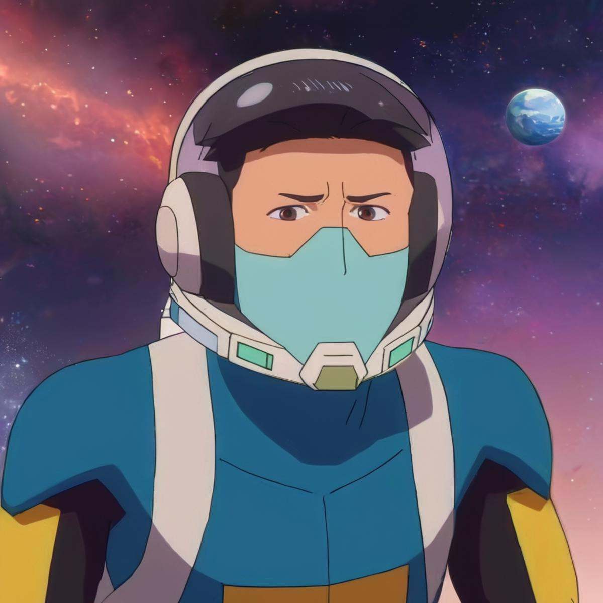 anime artwork of detailed perfect Invincible wearing an Oxygen Mask a cartoon character with a helmet on and a nose,  Oxyg...