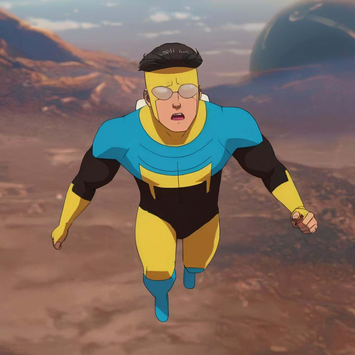 cinematic film still of detailed perfect Invincible wearing an Oxygen Mask a cartoon character is flying through the air,...
