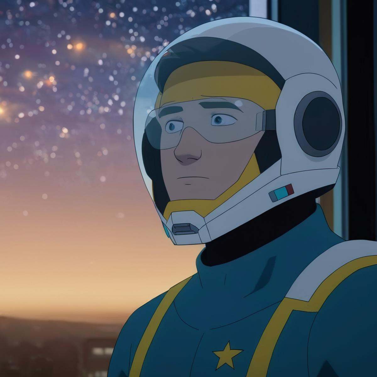 cinematic film still of detailed perfect Invincible wearing an Oxygen Mask a man in a space suit standing in front of a wi...