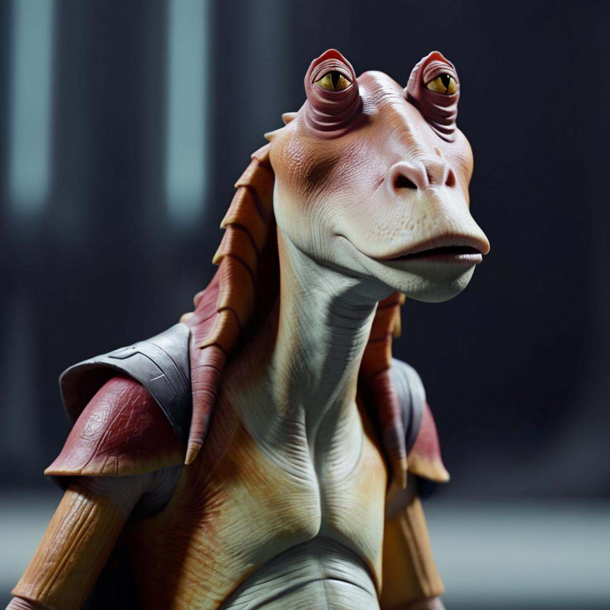cinematic film still of Jar Jar Binks a cartoon character is posed on a gray surface in star wars universe,  shallow depth...