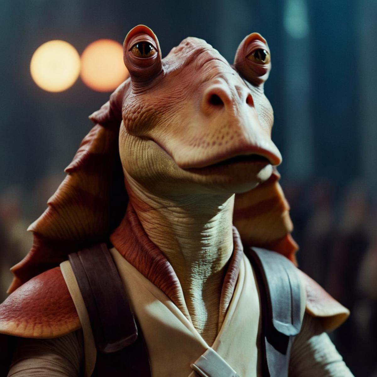 cinematic film still of Jar Jar Binks a close up of a person in a costume in star wars universe,  shallow depth of field,...