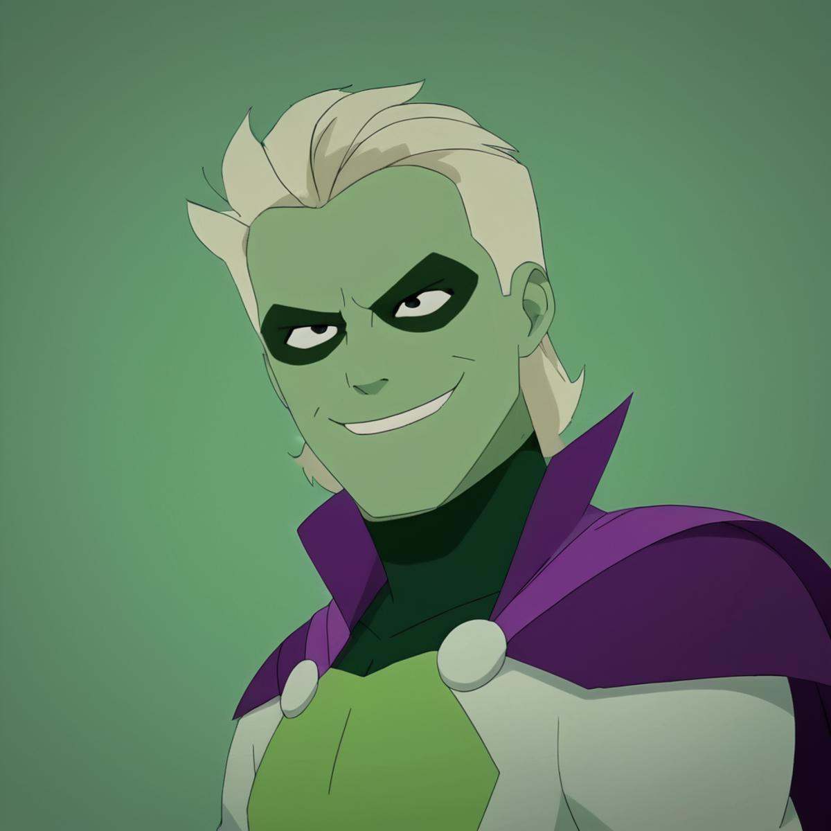 cinematic film still of detailed perfect King Lizard a man with a green face and a purple cape,  supervillian303,  solo on...