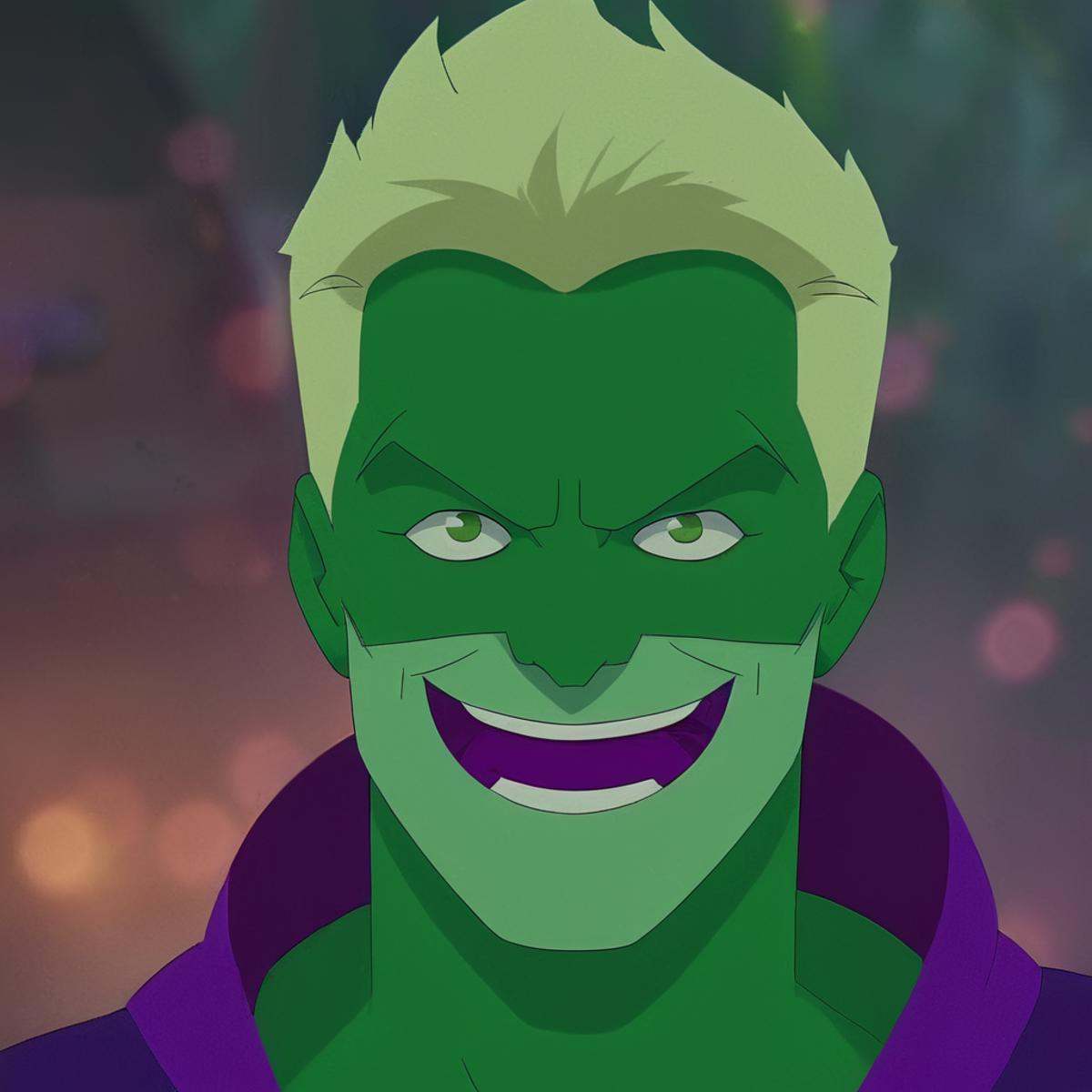 cinematic film still of detailed perfect King Lizard a man with a green face and a purple cape,  supervillian303,  solo on...