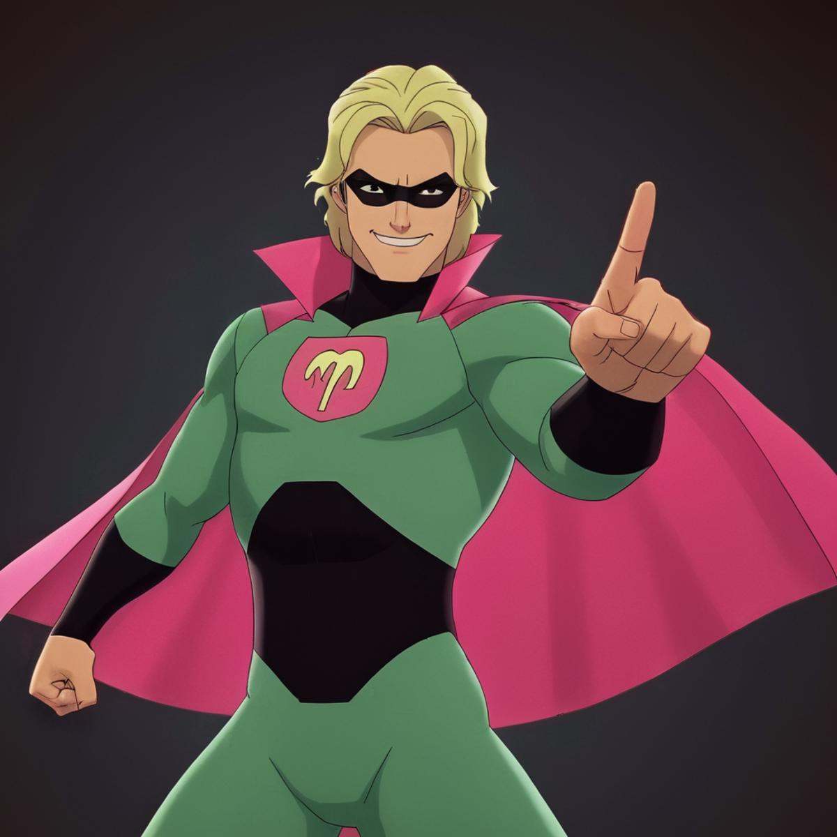 cinematic film still of detailed perfect King Lizard a man in a green suit and a pink caper,  supervillian303,  solo on Te...