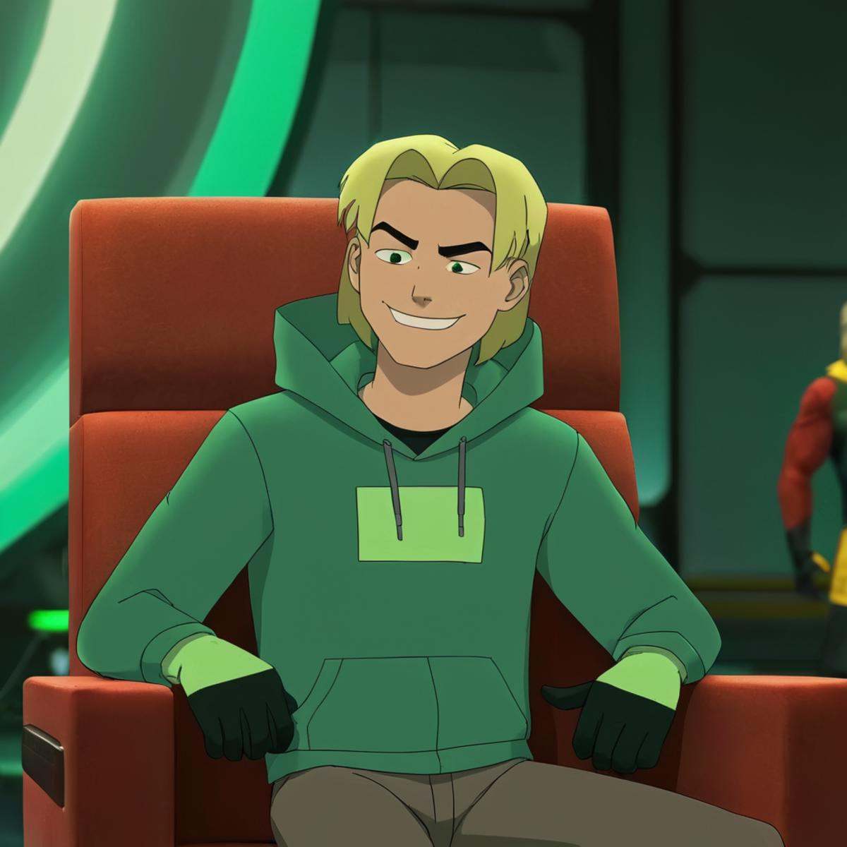 cinematic film still of detailed perfect King Lizard a man in a green hoodie sitting in a chair,  supervillian303,  solo o...