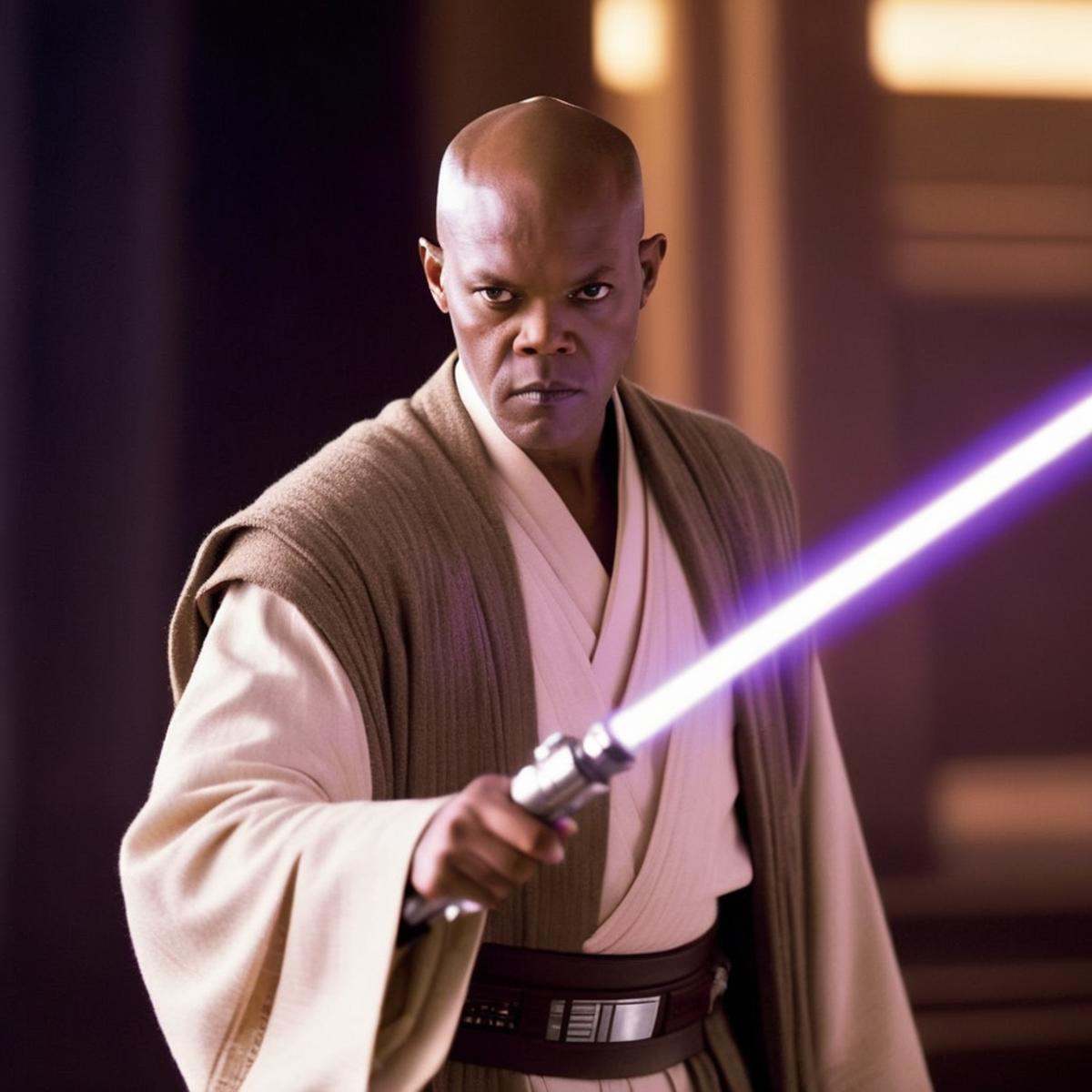 cinematic film still of Mace Windu a man in a jedi costume holding a purple light saber in star wars universe,  shallow de...