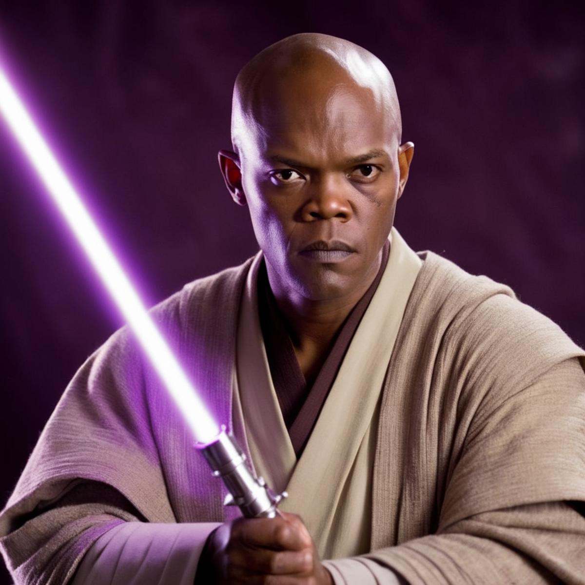 cinematic film still of Mace Windu a man in a jedi costume holding a purple light saber in star wars universe,  shallow de...