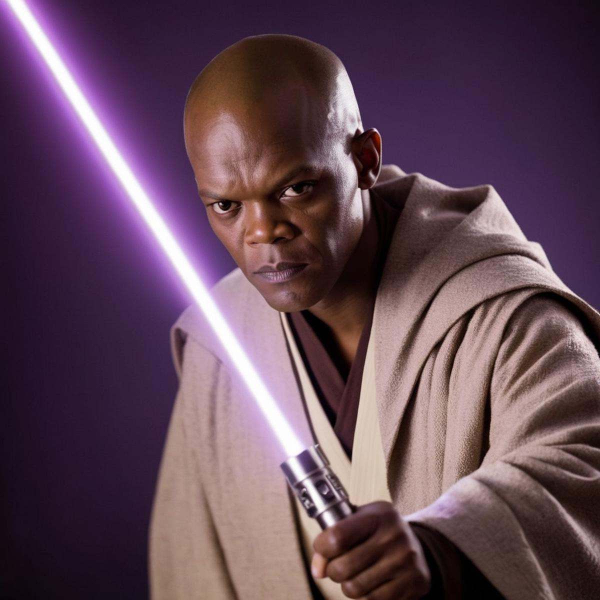 cinematic film still of Mace Windu a man in a robe holding a purple light saber in star wars universe,  shallow depth of f...