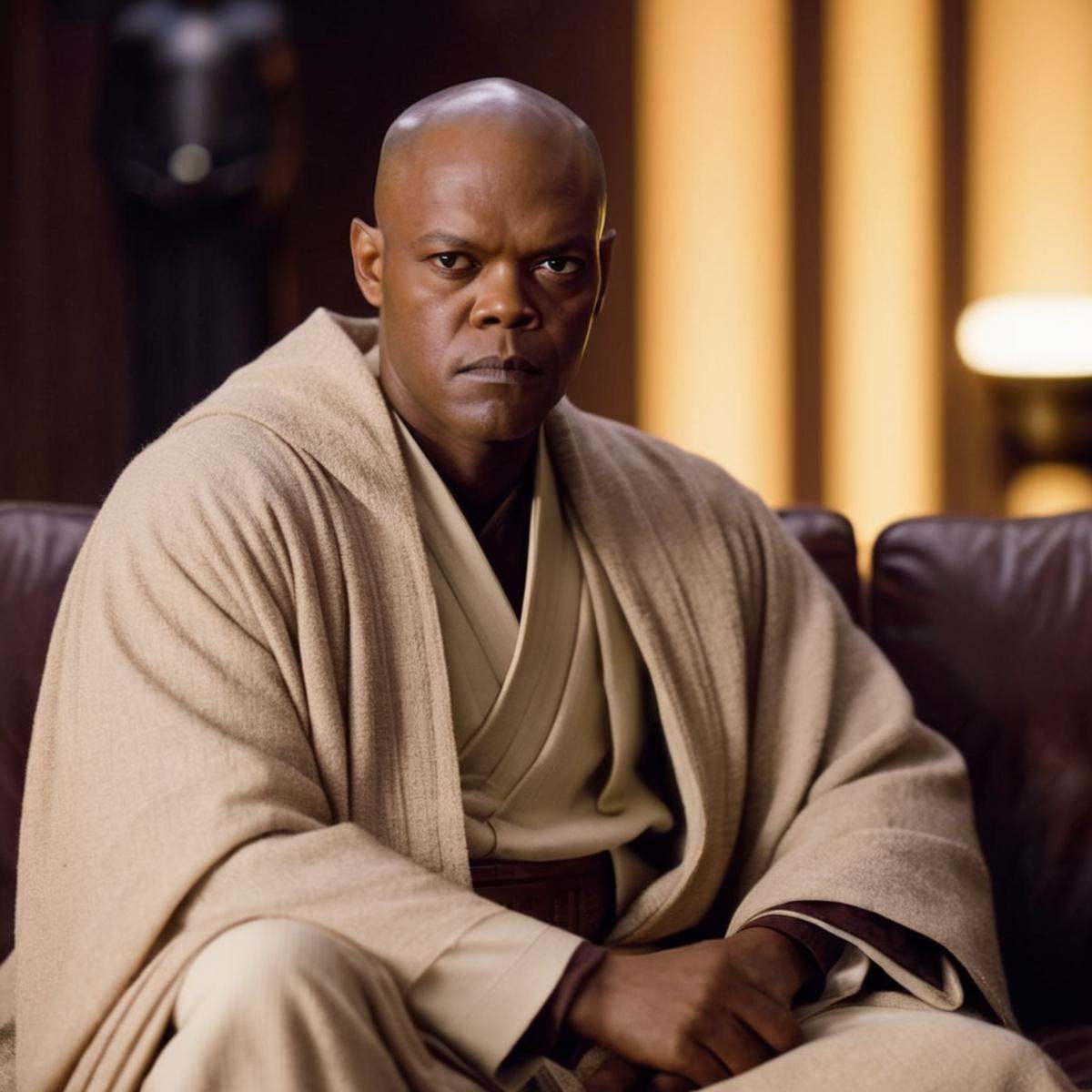 cinematic film still of Mace Windu a man in a robe sitting on a couch in star wars universe,  shallow depth of field,  vig...