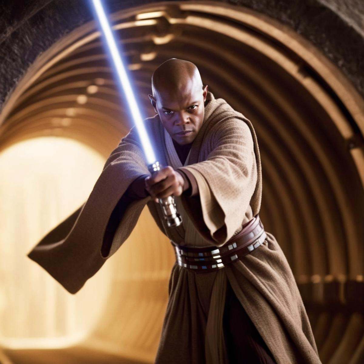 cinematic film still of Mace Windu a man in a robe is flying through a tunnel in star wars universe,  shallow depth of fie...