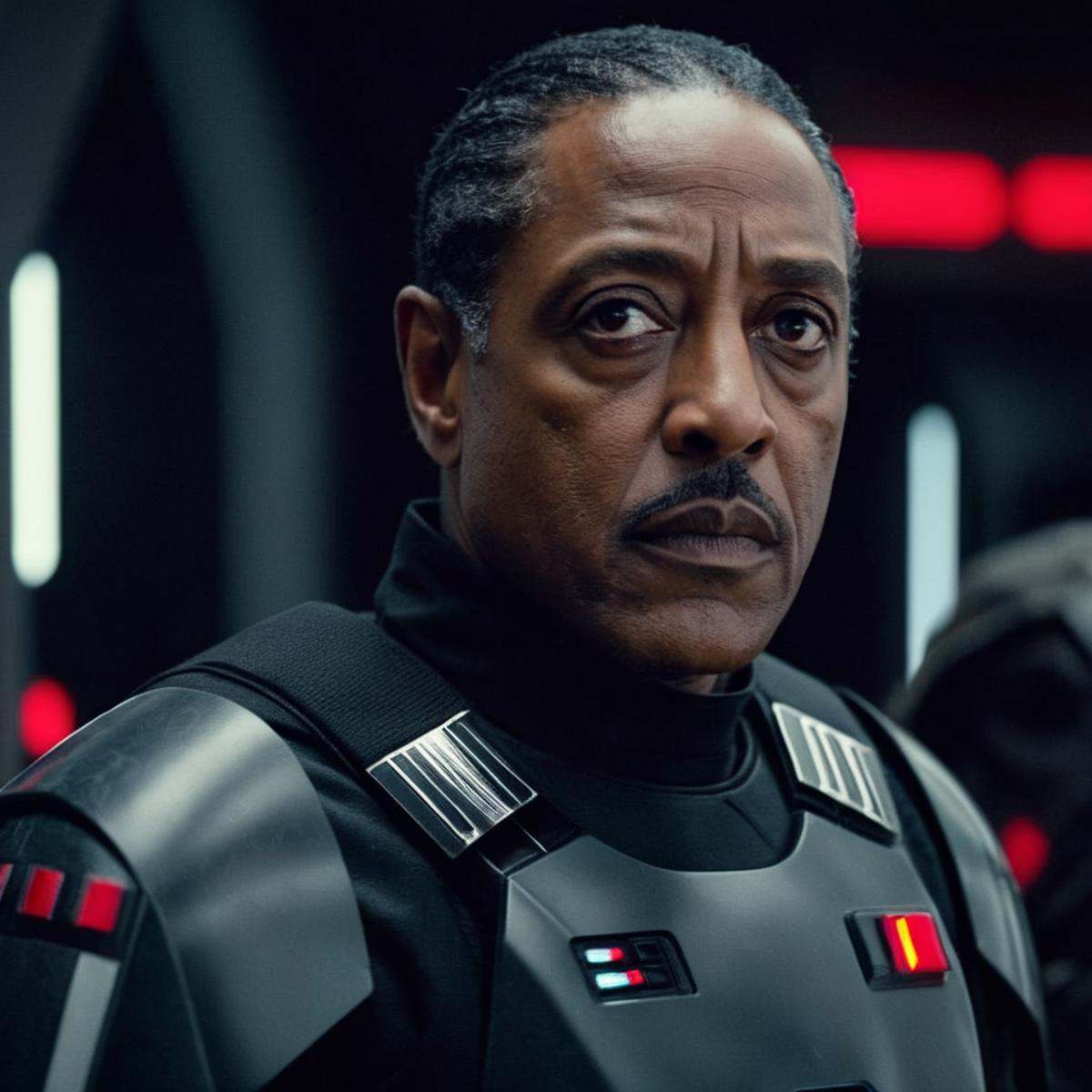 cinematic film still of Moff Gideon a closeup of a man with a serious look on and a jacket in star wars universe,  shallow...