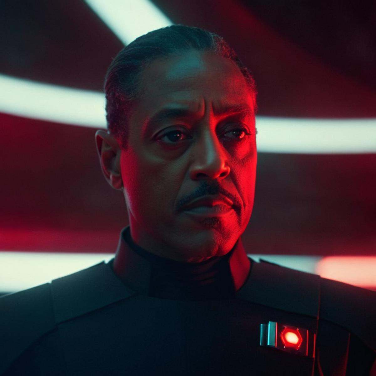 cinematic film still of Moff Gideon a man in a black suit with a red light behind him in star wars universe,  shallow dept...