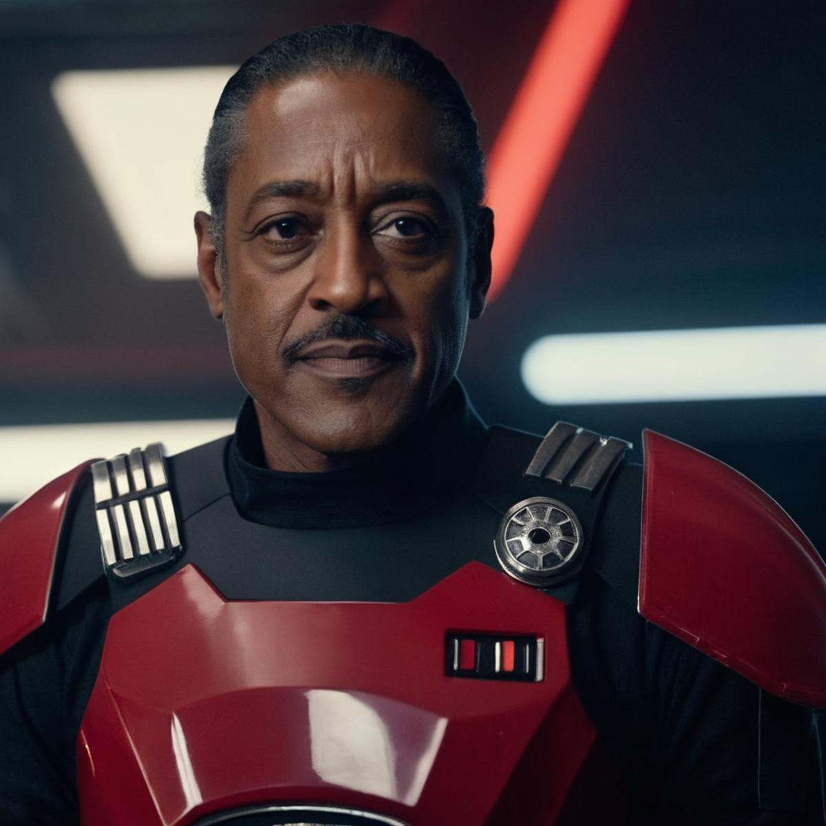 cinematic film still of Moff Gideon a closeup of a man in a star wars costume with a sinister smile in star wars universe,...