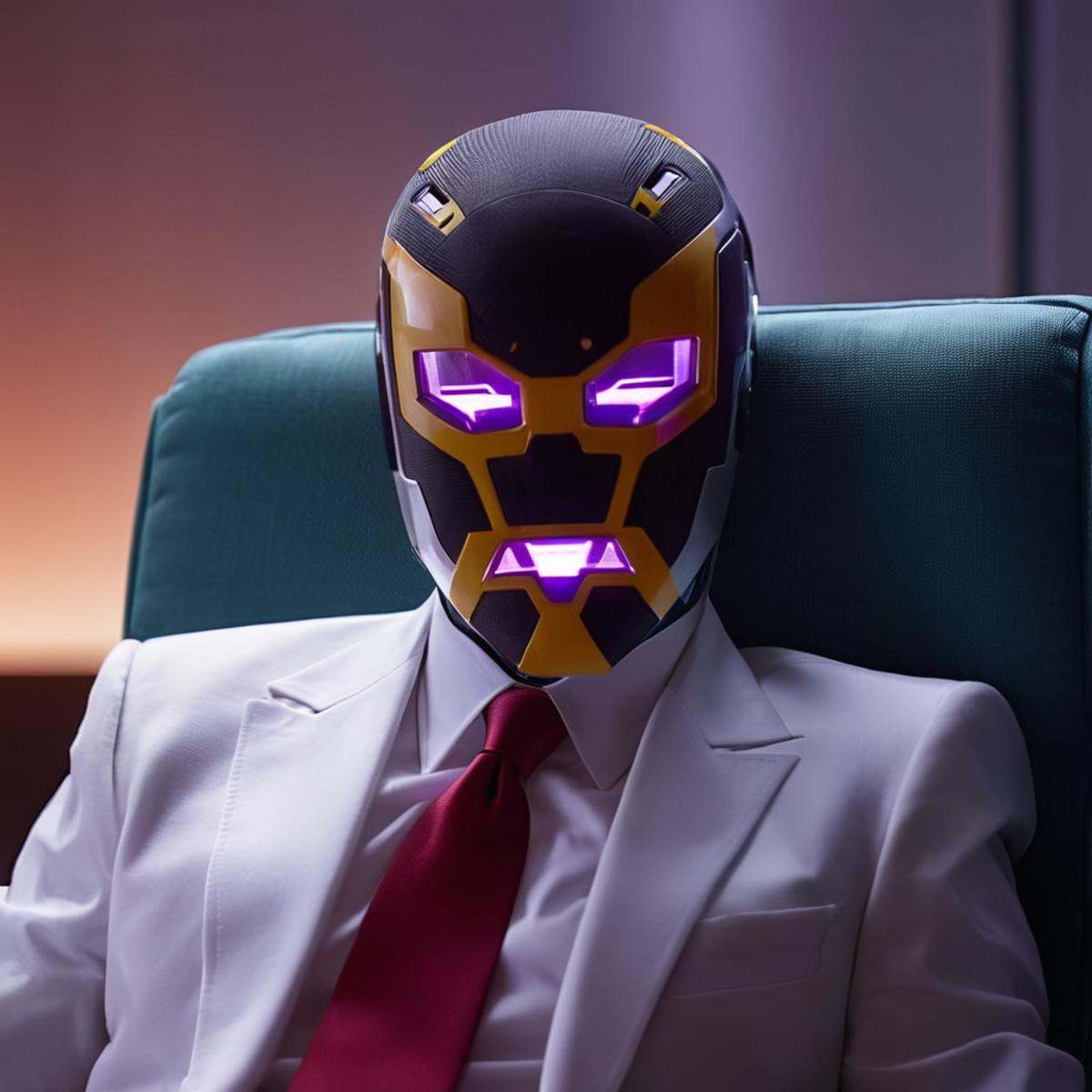 cinematic film still of detailed perfect Machine Head a man in a suit and tie sitting in a chair,  cyborg,  glowing purple...