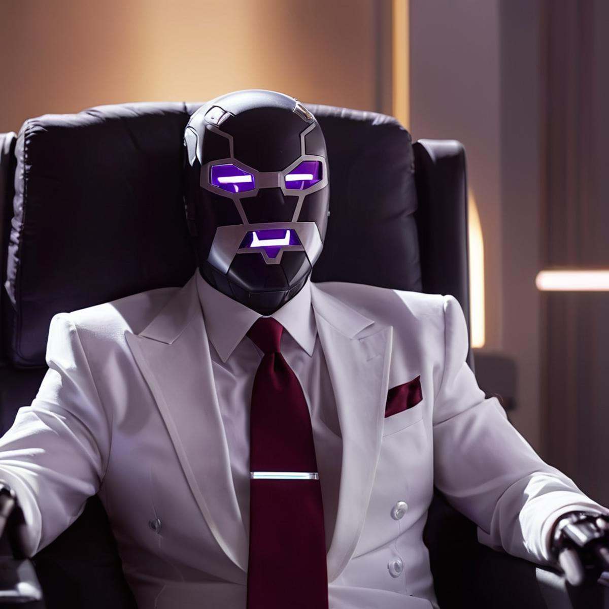 cinematic film still of detailed perfect Machine Head a man in a suit and tie sitting in a chair,  cyborg,  glowing purple...
