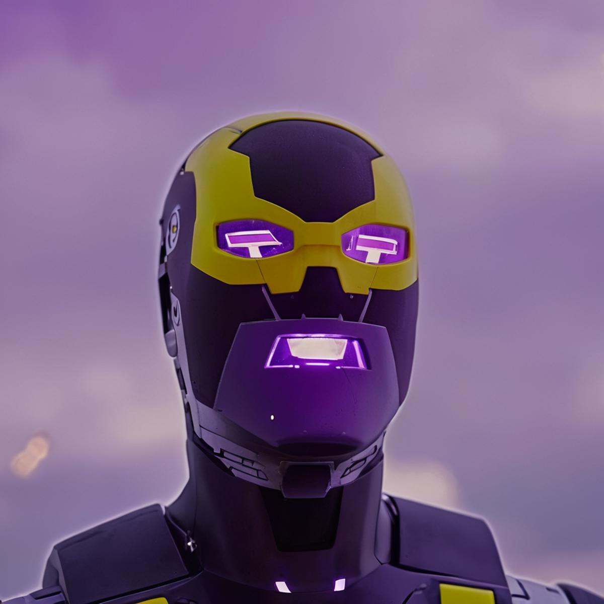 cinematic film still of detailed perfect Machine Head a man with a purple and yellow mask,  cyborg,  closeup on Tensor.Art