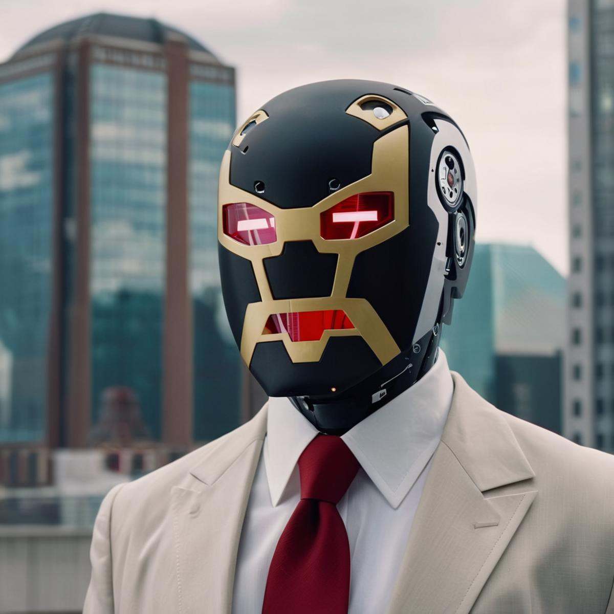 cinematic film still of detailed perfect Machine Head a man in a suit and tie holding a cpu chip,  cyborg,  city view in b...