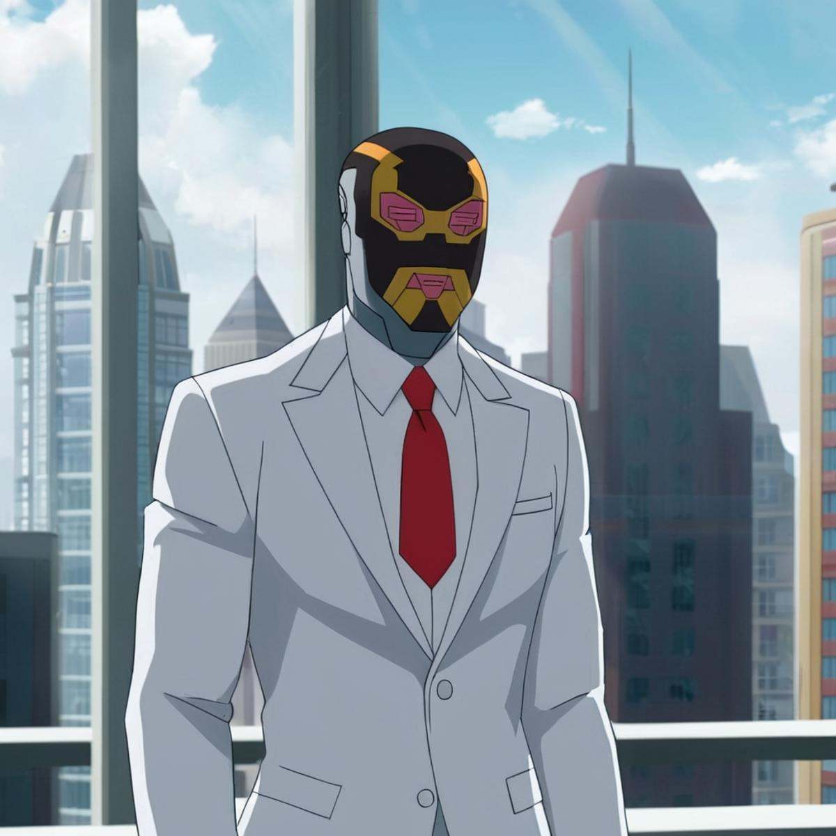 anime artwork of detailed perfect Machine Head a man in a suit and tie standing in front of a window,  cyborg,  city view...