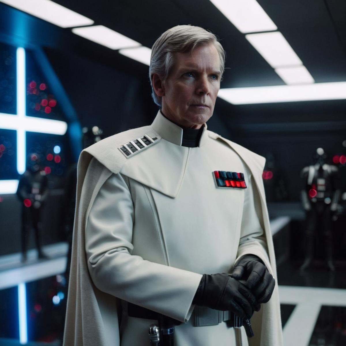 cinematic film still of Orson Krennic a man in a star wars costume standing in a room in star wars universe,  shallow dept...