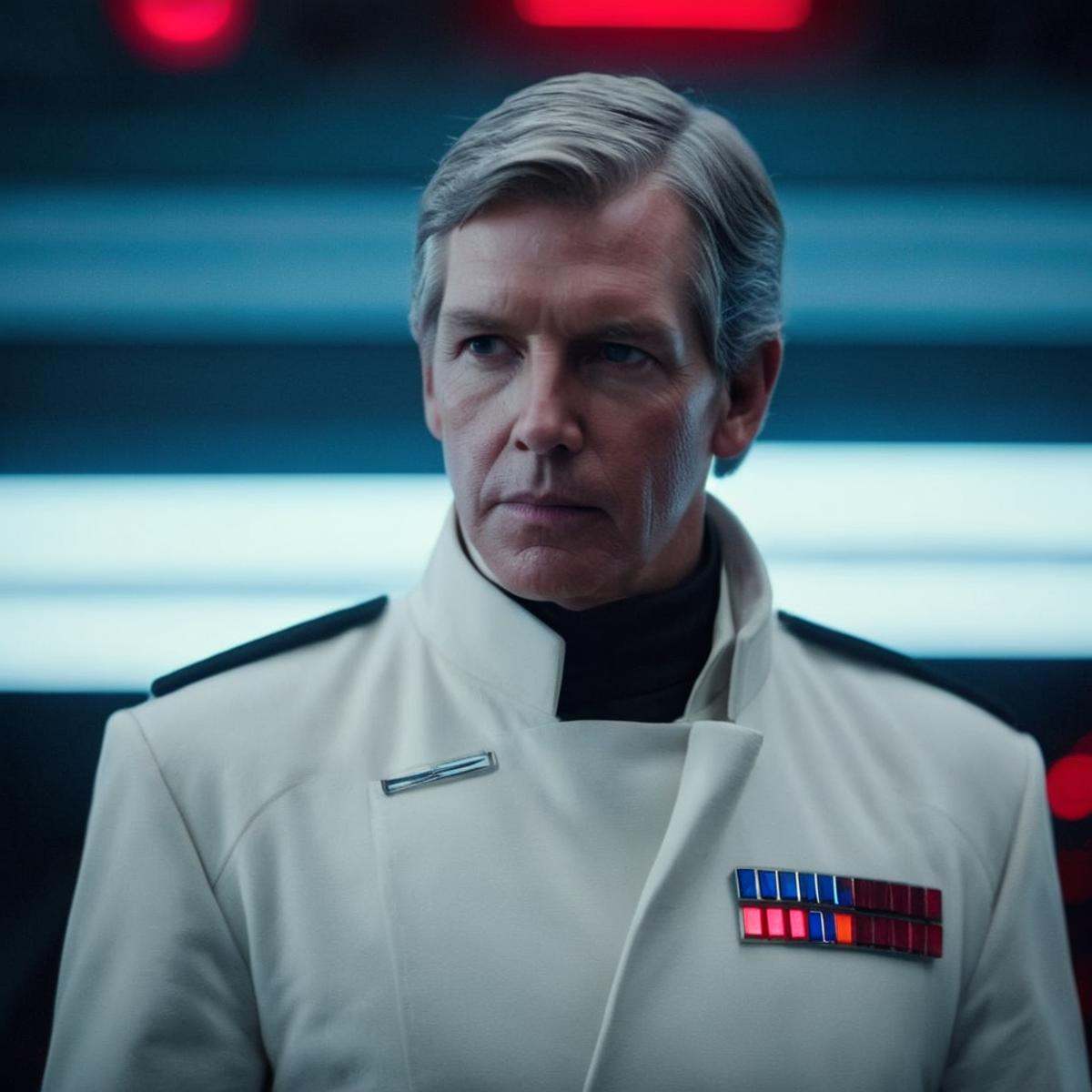 cinematic film still of Orson Krennic a man in a white jacket with a red and blue tie in star wars universe,  shallow dept...