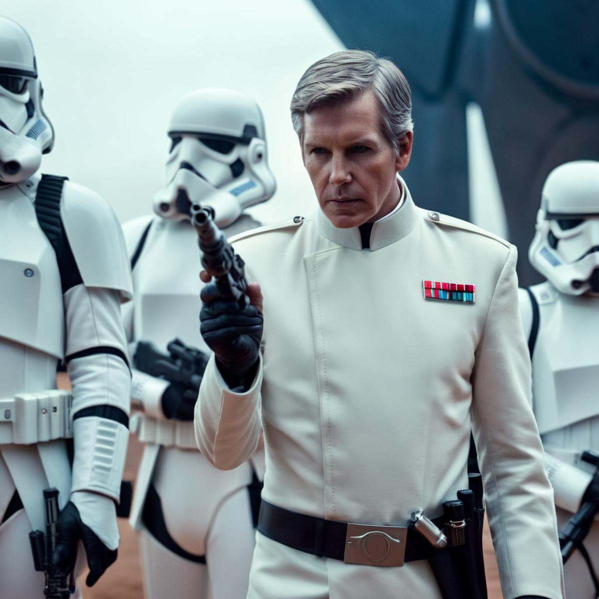 cinematic film still of Orson Krennic a man in a white uniform holding a gun in star wars universe,  shallow depth of fiel...