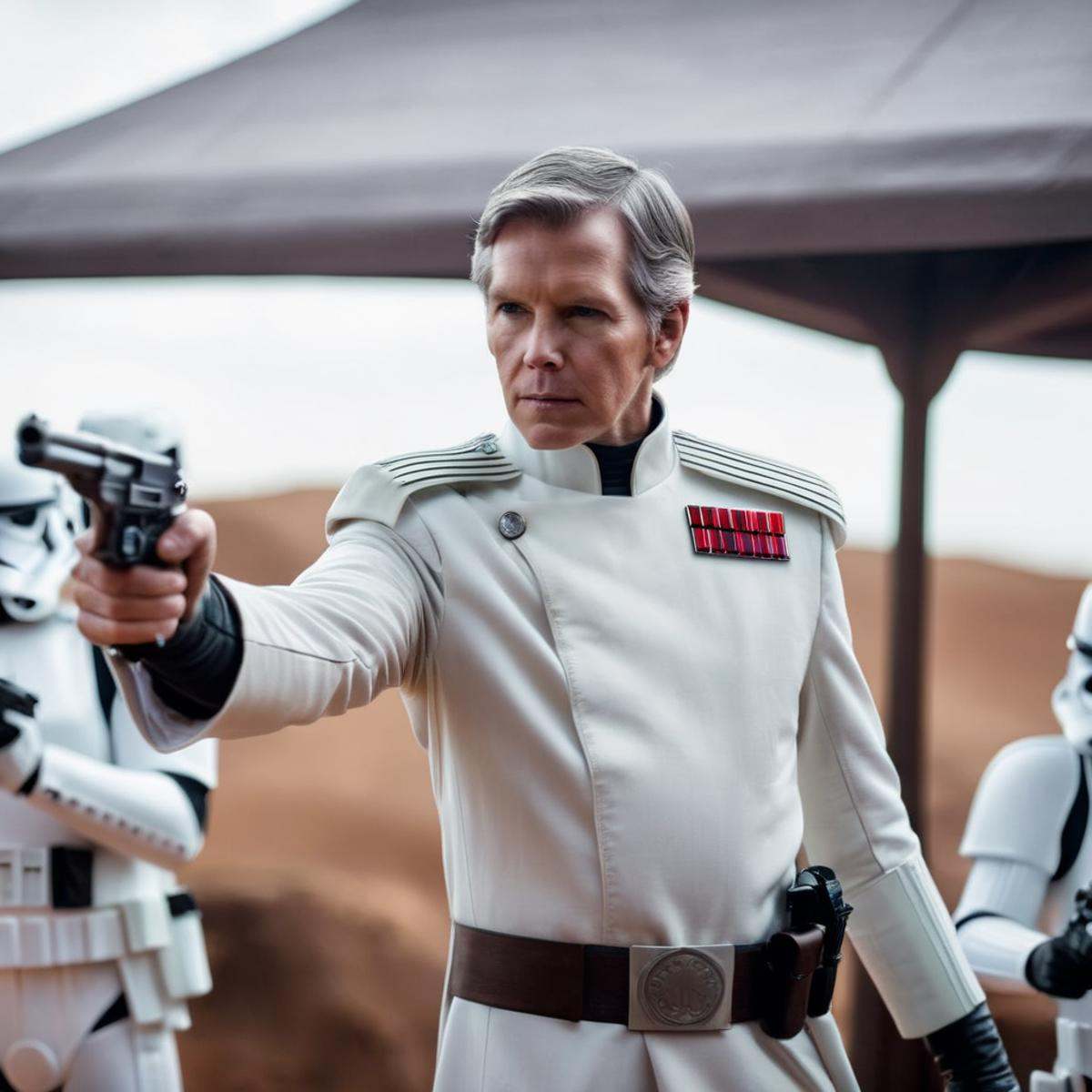 cinematic film still of Orson Krennic a man in a star wars costume pointing a gun in star wars universe,  shallow depth of...