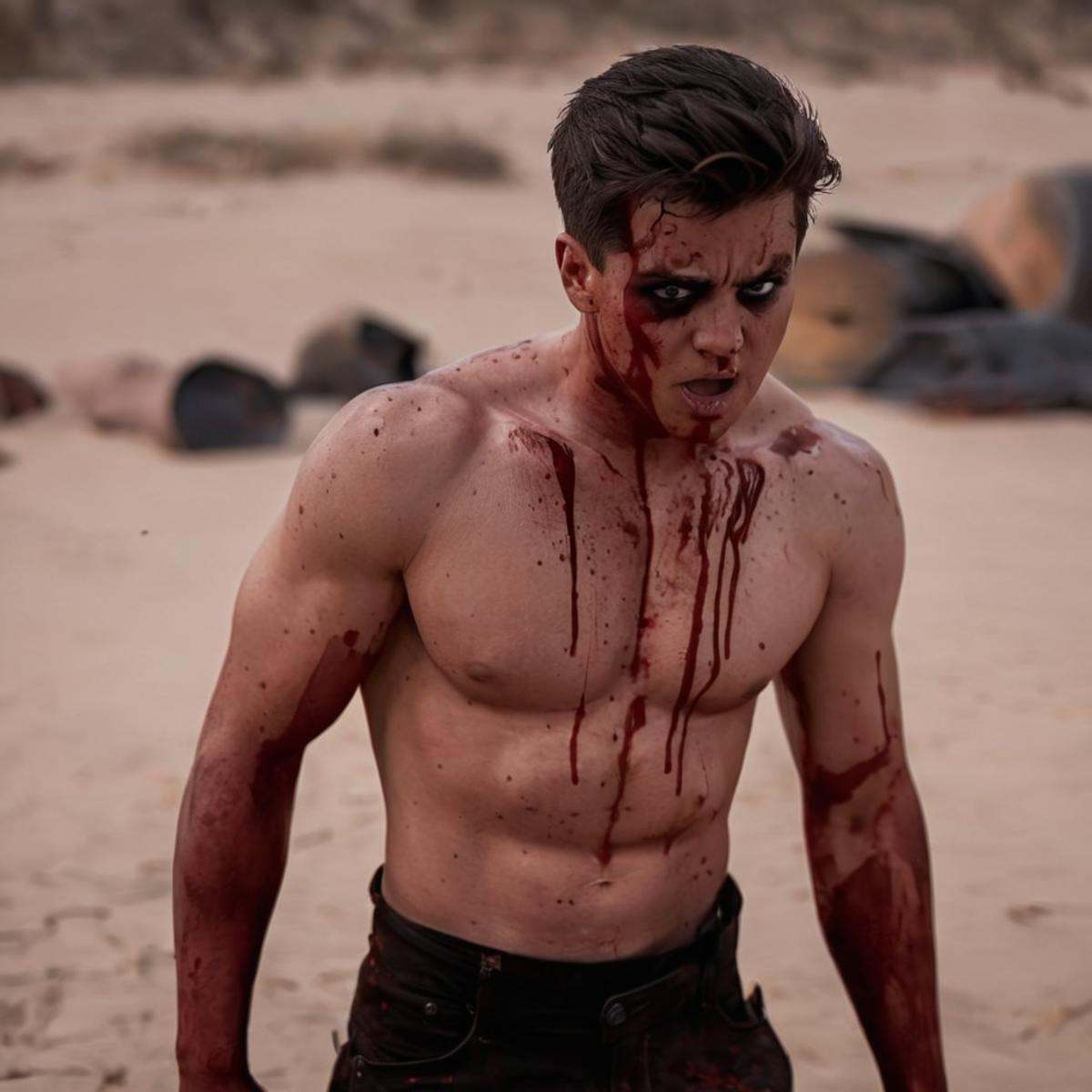 cinematic film still of detailed perfect Mark Grayson bruised eye a man with a bloody face and a bloody chest,  black eye,...