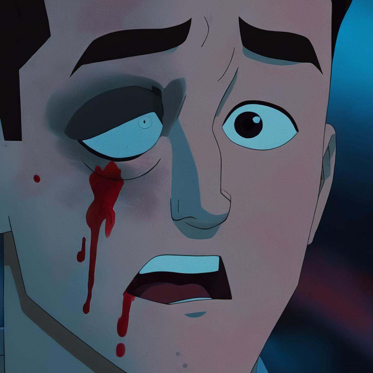 cinematic film still of detailed perfect Mark Grayson bruised eye a cartoon man with a red blood stain on face and a black...