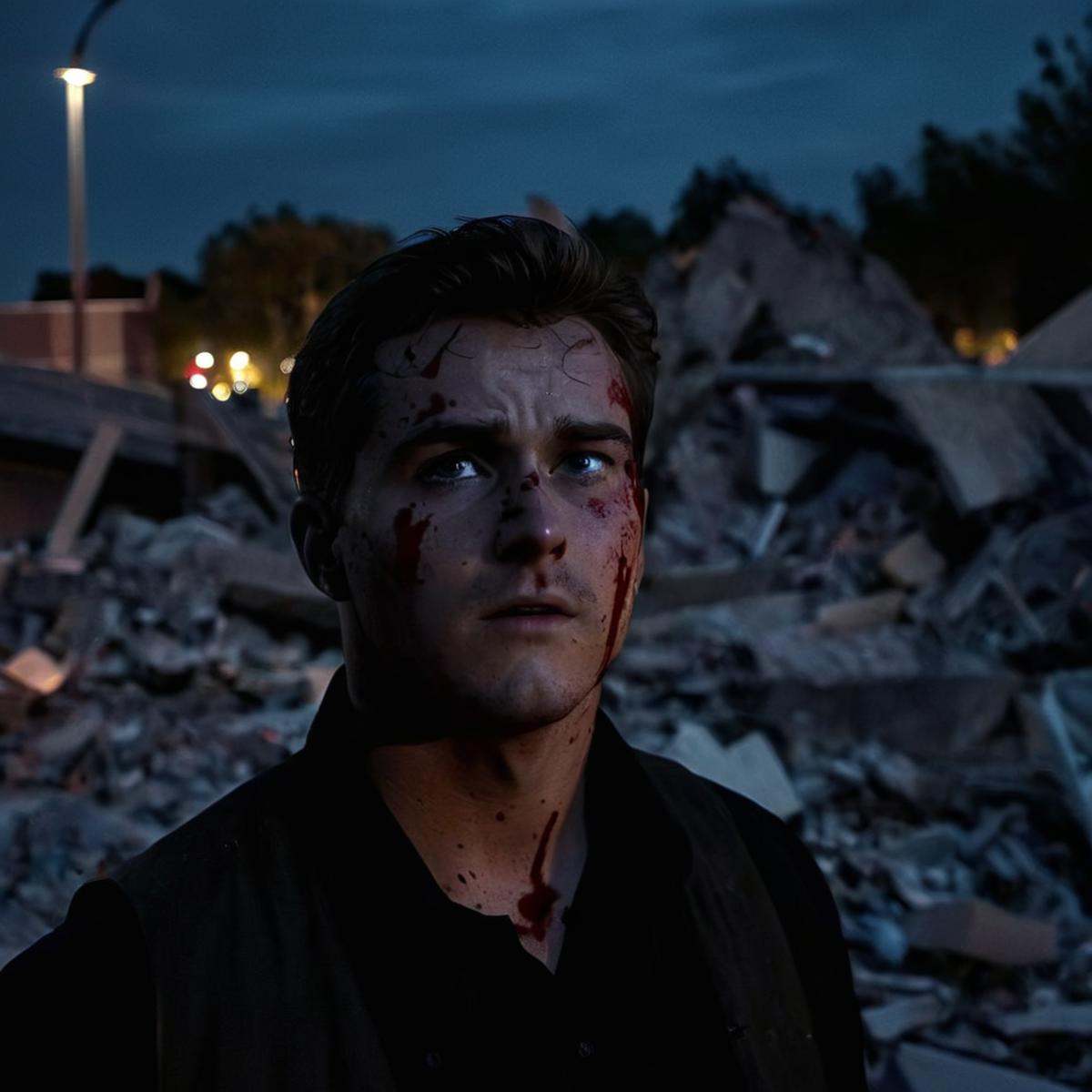cinematic film still of detailed perfect Mark Grayson bruised eye a man with blood splatter on his face and a bruised eye...