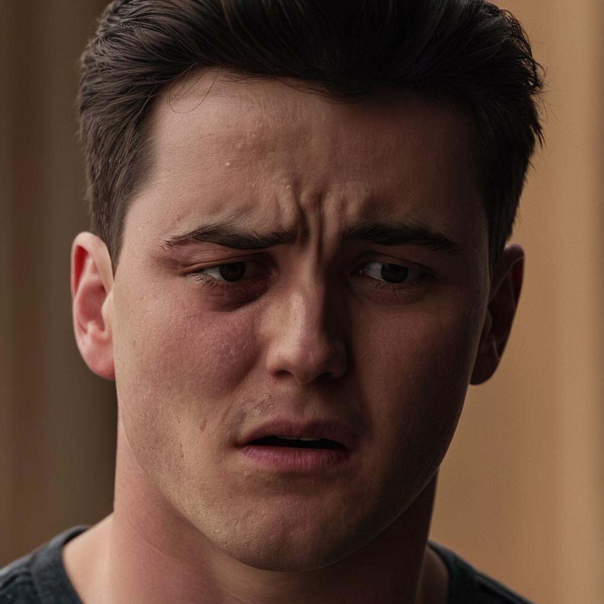 cinematic film still of detailed perfect Mark Grayson bruised eye a man with a teary eye and a dark shirt,  swollen eye,...