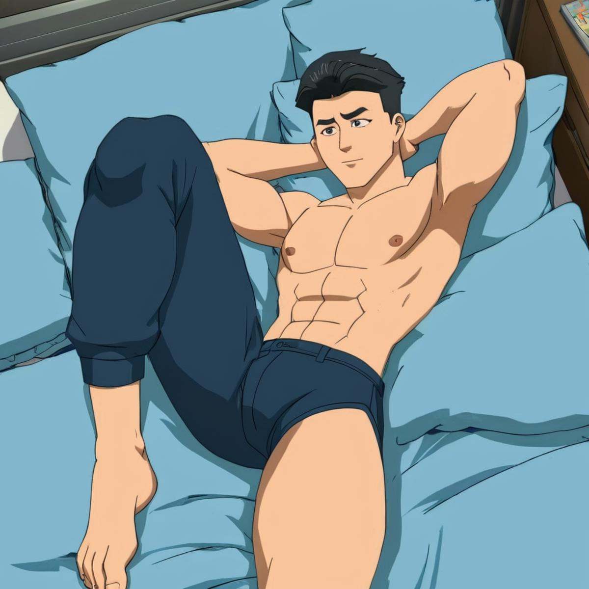 anime artwork of detailed perfect From above,  Mark Grayson a shirtless man in a bed with his hands on his head,  Mark on...