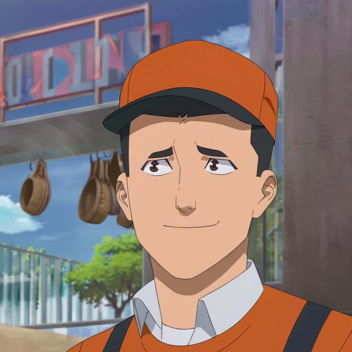 anime artwork of detailed perfect Mark Grayson a man in an orange shirt and a orange hat,  Mark,  worker costume on Tensor...