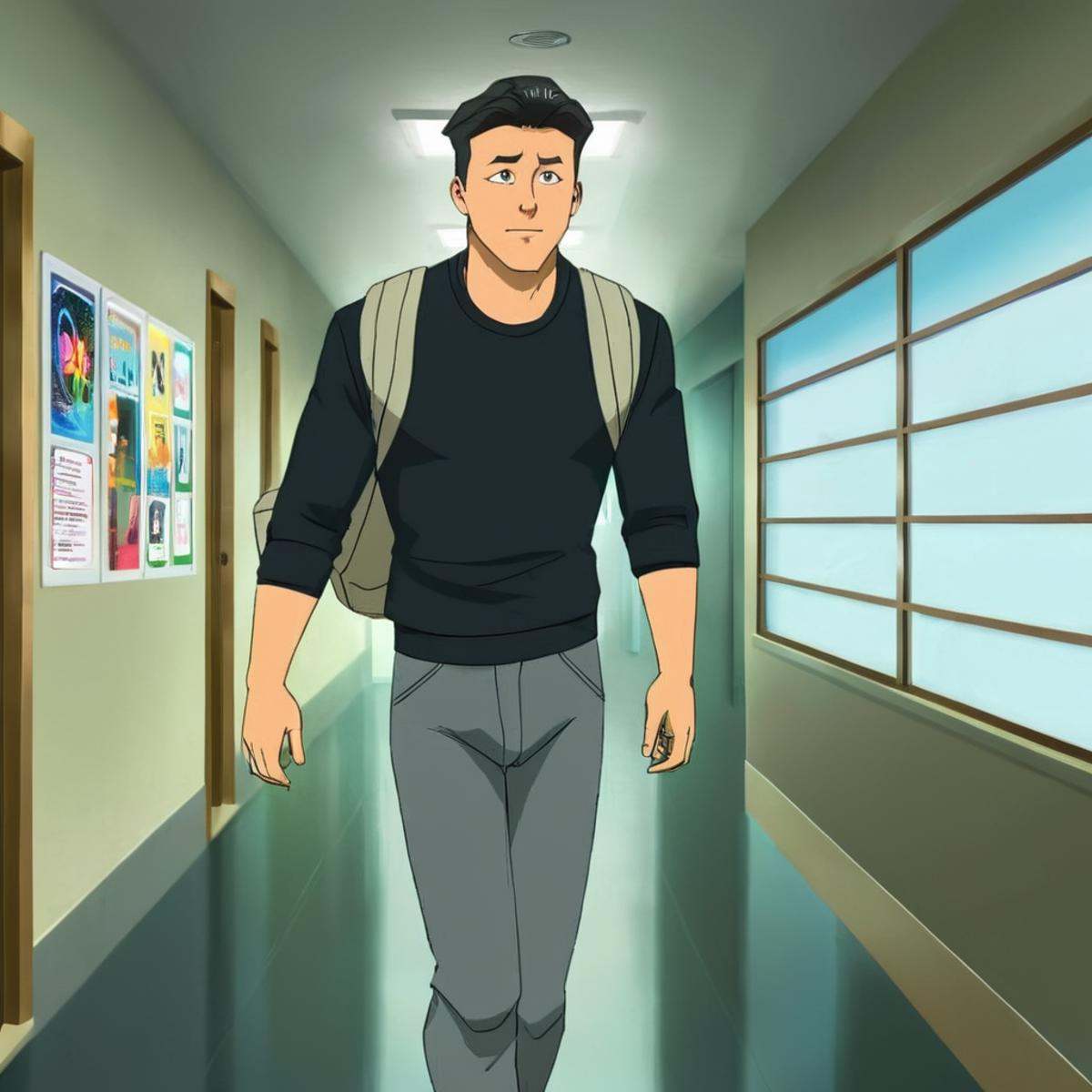 anime artwork of detailed perfect Mark Grayson a man with a backpack walking down a hallway,  Mark,  solo on Tensor.Art