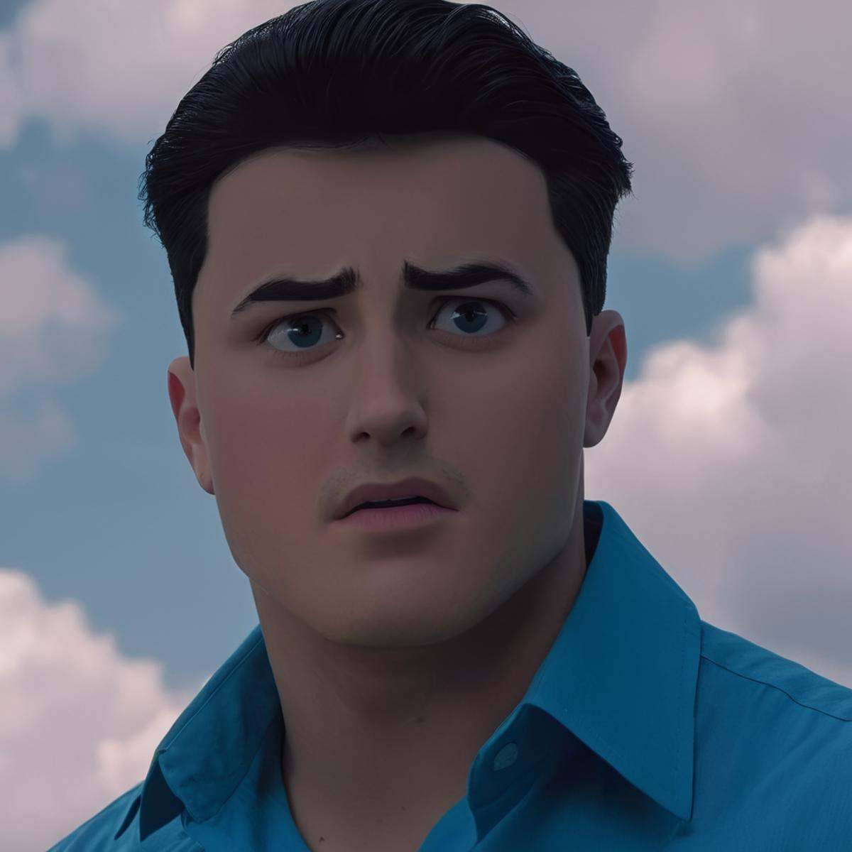cinematic film still of detailed perfect Mark Grayson a man with a blue shirt and a blue shirt,  Mark,  staring at somethi...
