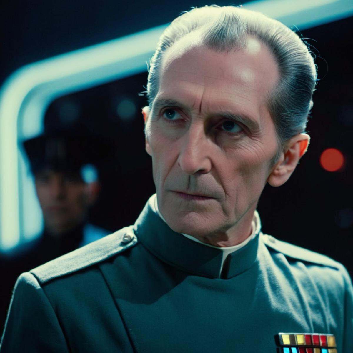cinematic film still of Wilhuff Tarkin a man in a star trek uniform looks at the camera in star wars universe,  shallow de...