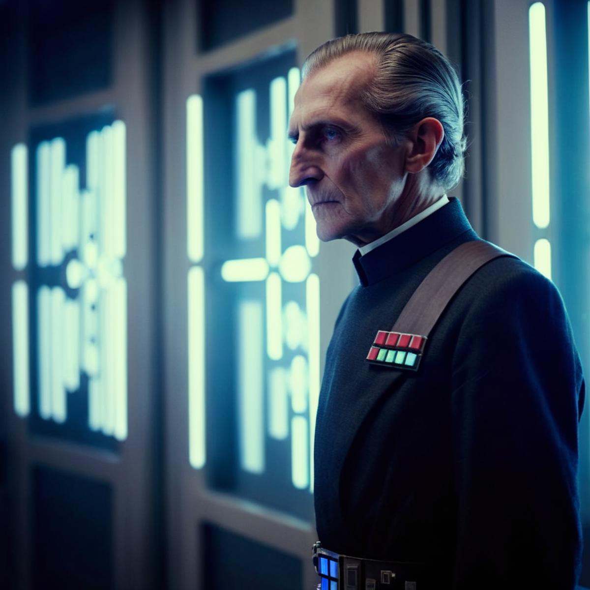 cinematic film still of Wilhuff Tarkin a man in a suit standing in front of a window in star wars universe,  shallow depth...