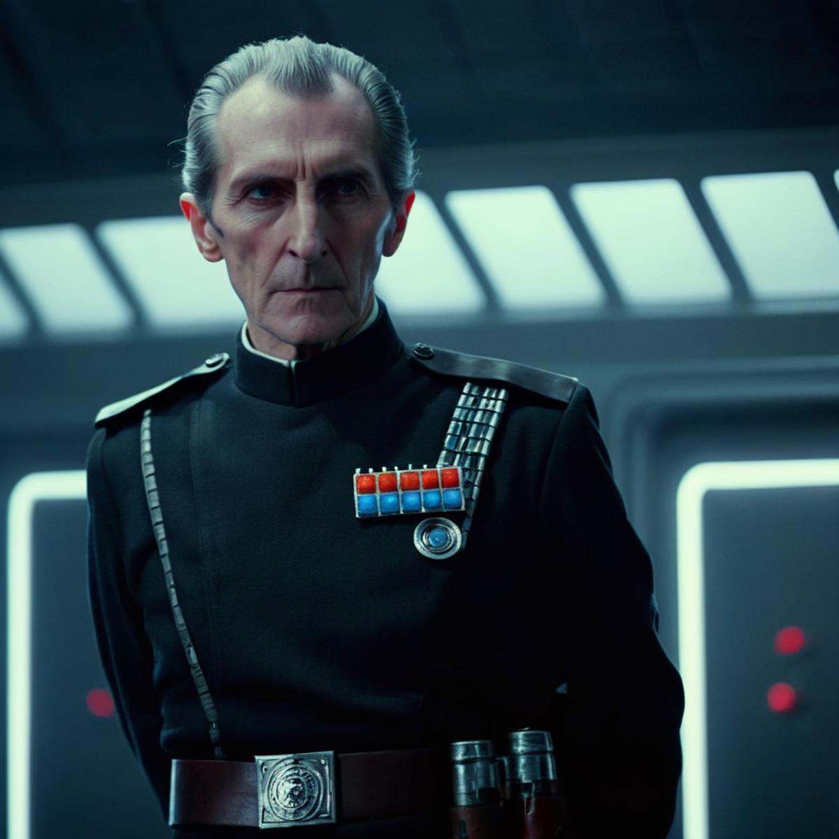 cinematic film still of Wilhuff Tarkin a man in a uniform is holding a bolt gun in star wars universe,  shallow depth of f...
