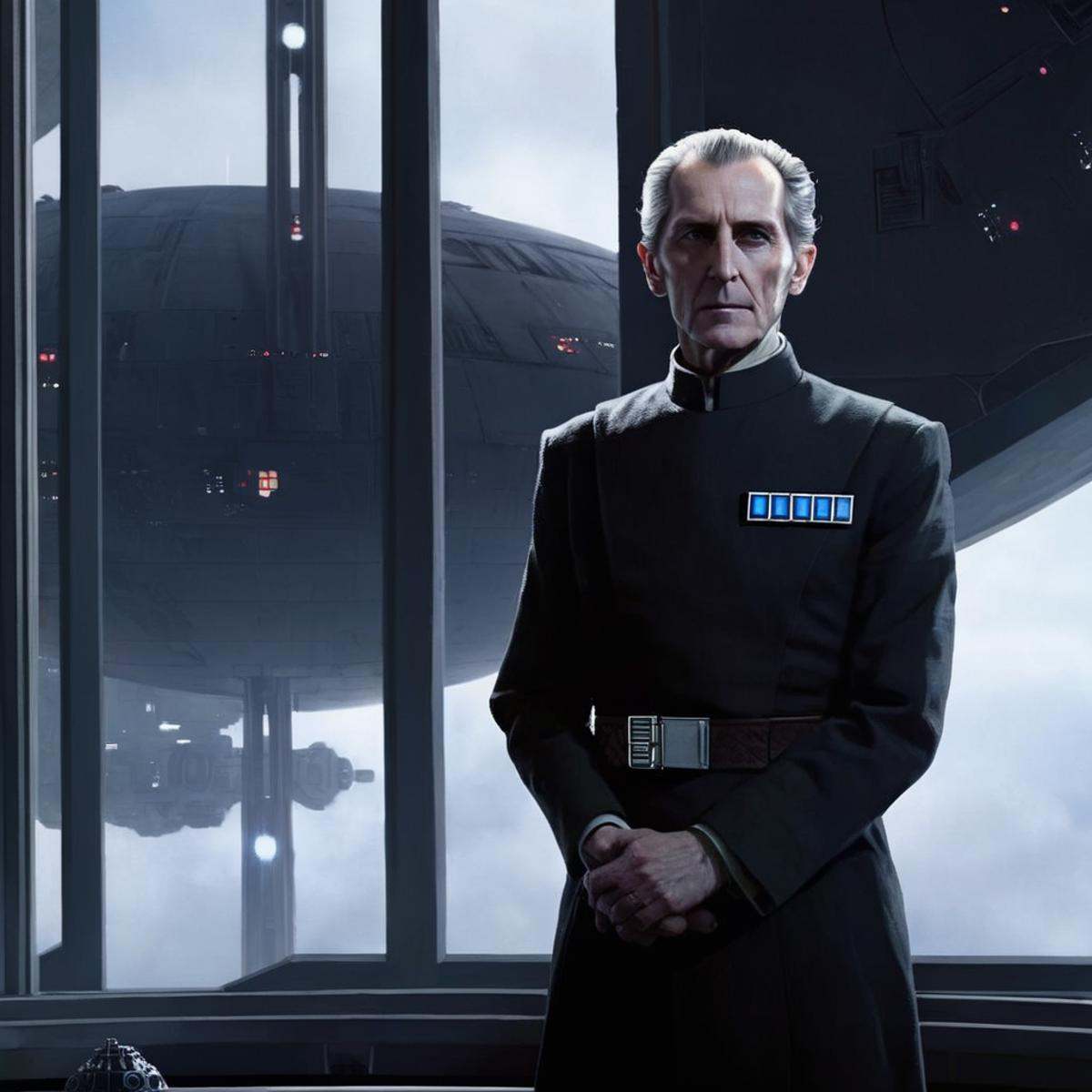 Dark Fantasy Art of Wilhuff Tarkin a man in a suit standing in front of a window in star wars universe,  dark,  moody on T...